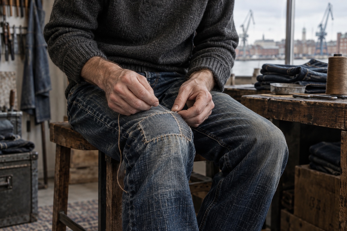 Detalje af materialer og håndværk inspireret af Nudie Jeans